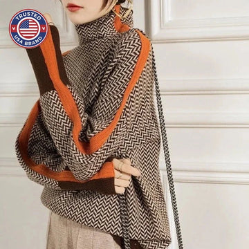 Women's herringbone knit winter roll neck sweater with sleeve stripes - Orange