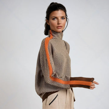 Women's herringbone knit winter roll neck sweater with sleeve stripes - Orange