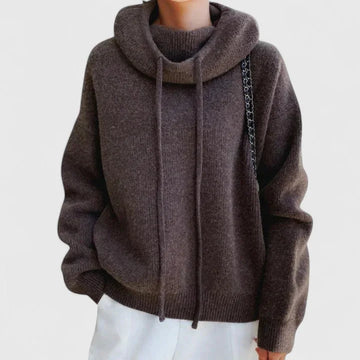 Women's knit winter sweater with drawstring cowl neck - Green