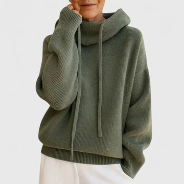 Women's knit winter sweater with drawstring cowl neck - Green
