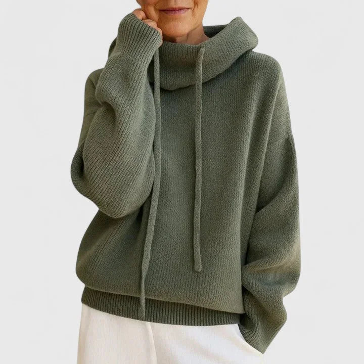 Women's knit winter sweater with drawstring cowl neck - Green