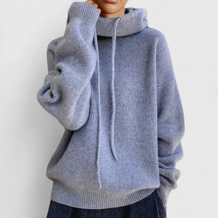 Women's knit winter sweater with drawstring cowl neck - Green