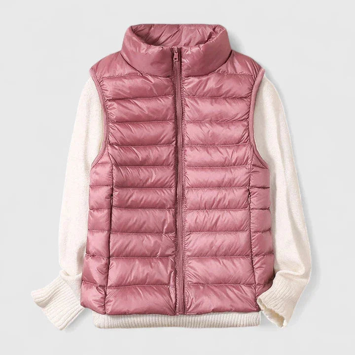 Women's packable zip-up stand collar winter quilted vest - Beige