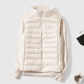 Women's packable zip-up stand collar winter quilted vest - Beige