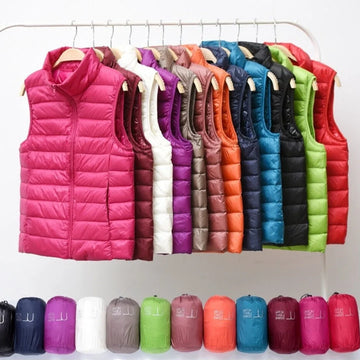 Women's packable zip-up stand collar winter quilted vest - Beige