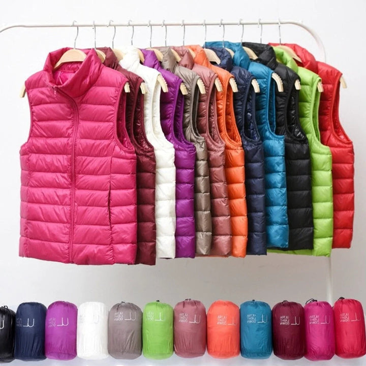Women's packable zip-up stand collar winter quilted vest - Beige