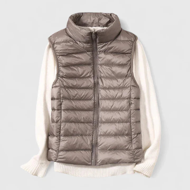 Women's packable zip-up stand collar winter quilted vest - Beige
