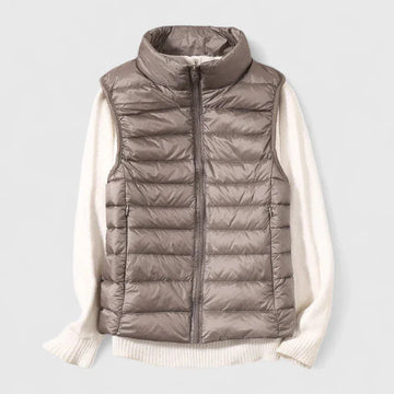 Women's packable zip-up stand collar winter quilted vest - Beige