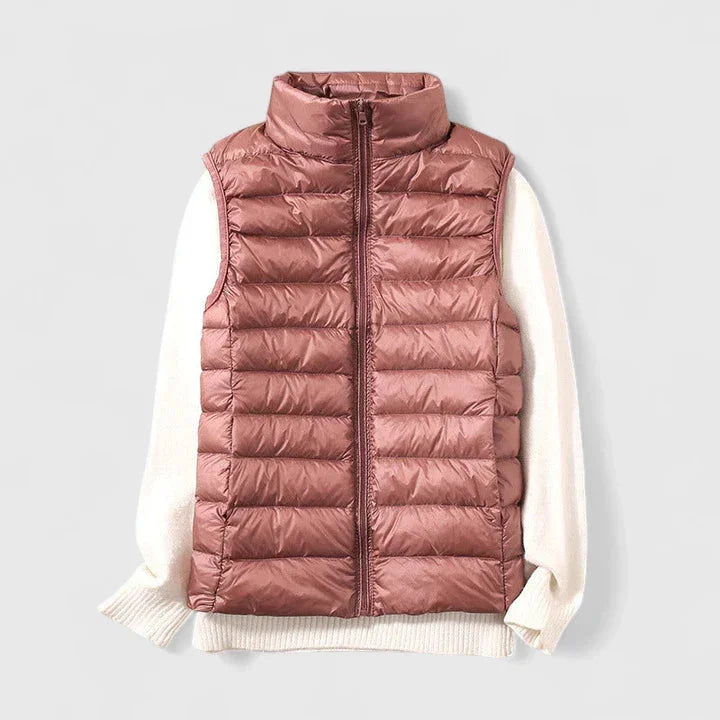 Women's packable zip-up stand collar winter quilted vest - Beige