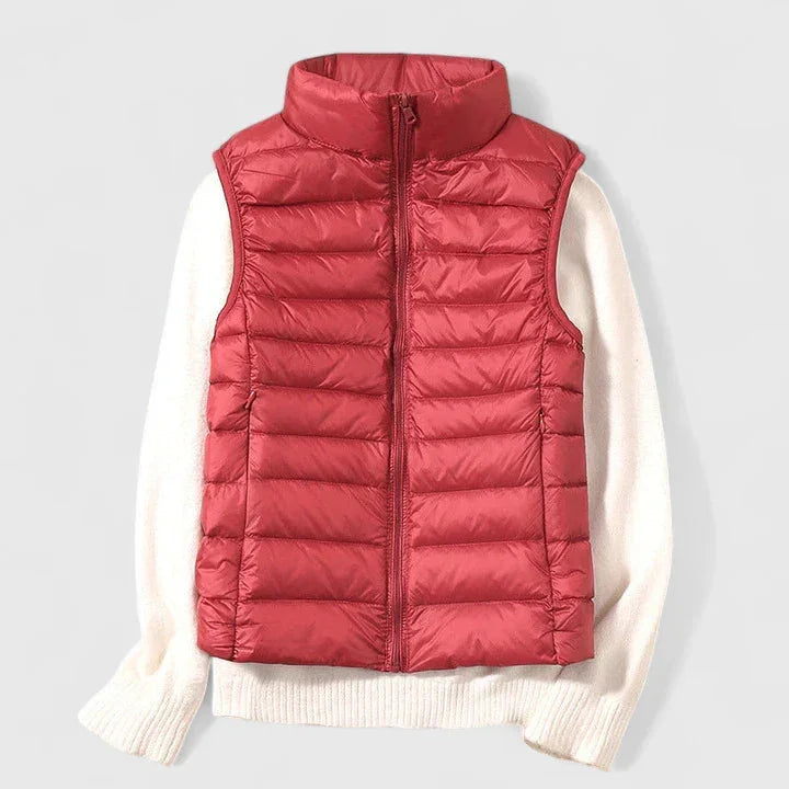 Women's packable zip-up stand collar winter quilted vest - Beige