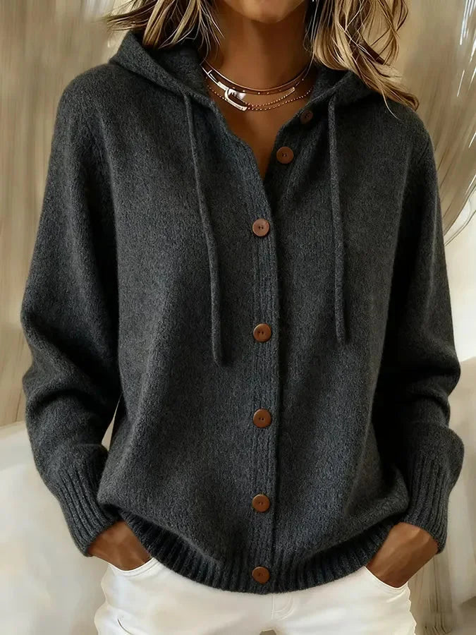 Cosy hooded knit winter cardigan with drawstring hood in Black