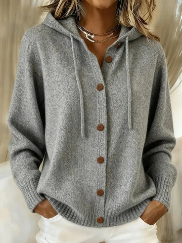 Cosy hooded knit winter cardigan with drawstring hood in Grey