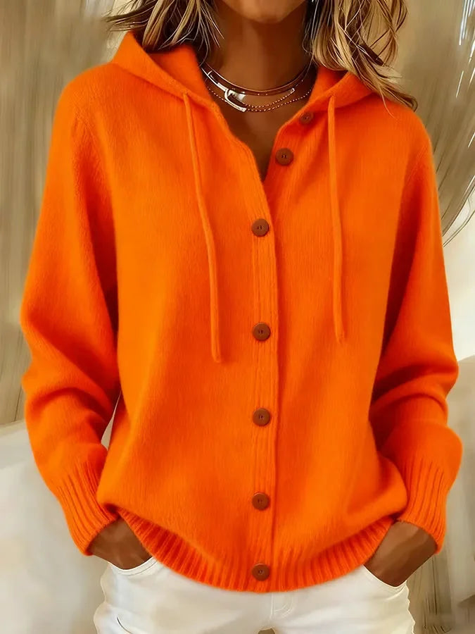 Cosy hooded knit winter cardigan with drawstring hood in Orange