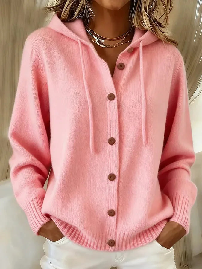 Cosy hooded knit winter cardigan with drawstring hood in Pink
