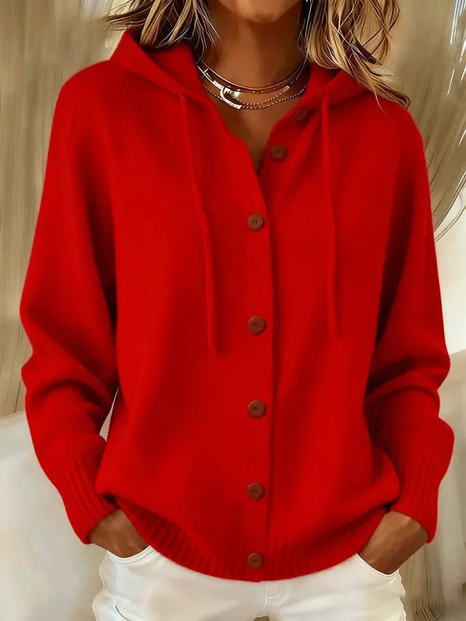 Cosy hooded knit winter cardigan with drawstring hood in Red
