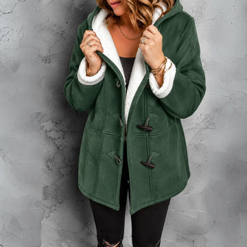 Cosy hooded winter sherpa lined jacket with toggle closure in Green