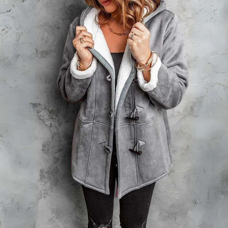 Cosy hooded winter sherpa lined jacket with toggle closure in Grey