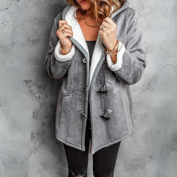 Cosy hooded winter sherpa lined jacket with toggle closure in Grey