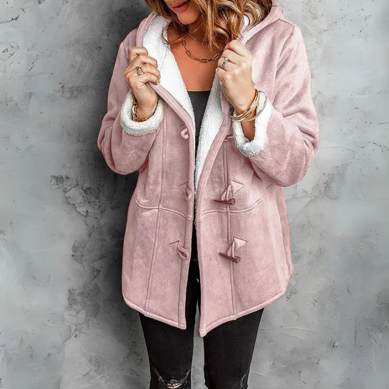 Cosy hooded winter sherpa lined jacket with toggle closure in Light Pink