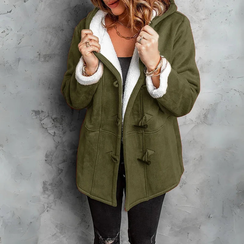 Cosy hooded winter sherpa lined jacket with toggle closure in Olive Green
