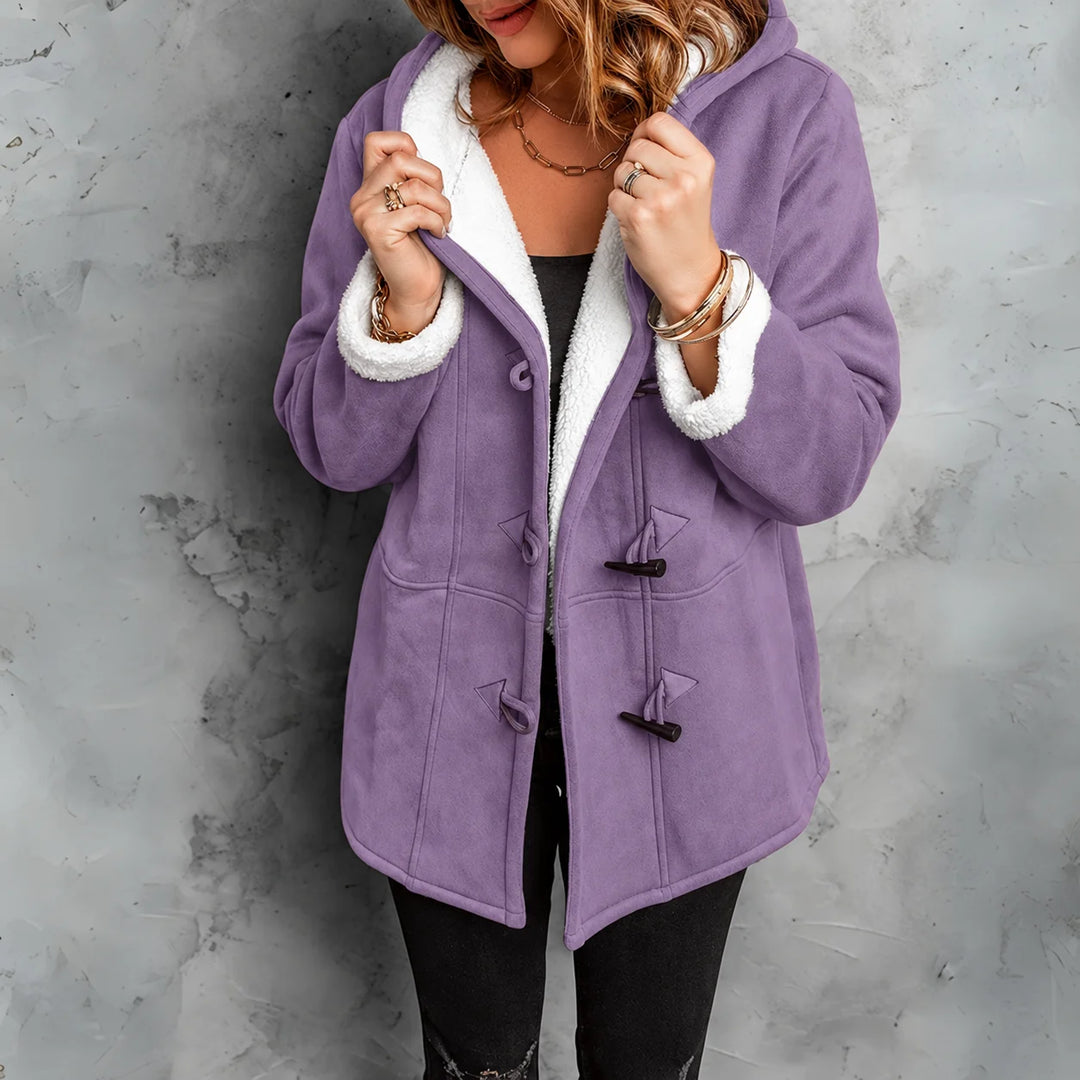 Cosy hooded winter sherpa lined jacket with toggle closure in Purple