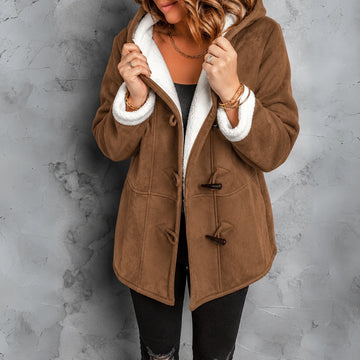 Cosy hooded winter sherpa lined jacket with toggle closure in Taupe