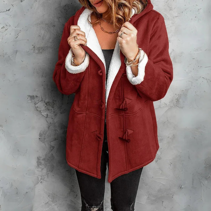 Cosy hooded winter sherpa lined jacket with toggle closure in Wine Red