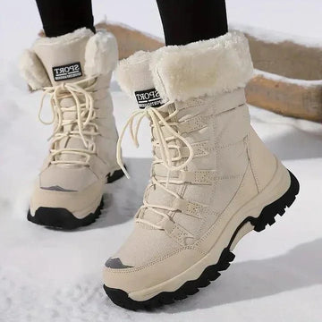 Women's lace-up fur collar winter snow boots in Beige