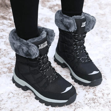 Women's lace-up fur collar winter snow boots in Black