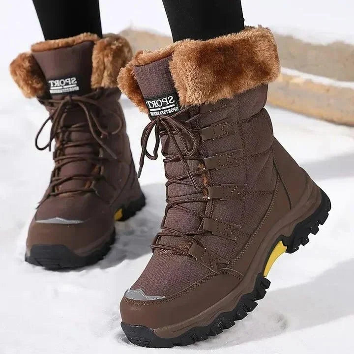 Women's lace-up fur collar winter snow boots in Brown