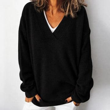 Cosy relaxed fit knit winter sweater with deep v-neckline in Black