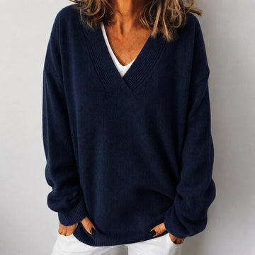 Cosy relaxed fit knit winter sweater with deep v-neckline in Navy Blue