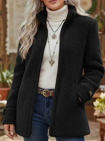 Women's high stand collar zip-up winter fleece jacket in Black