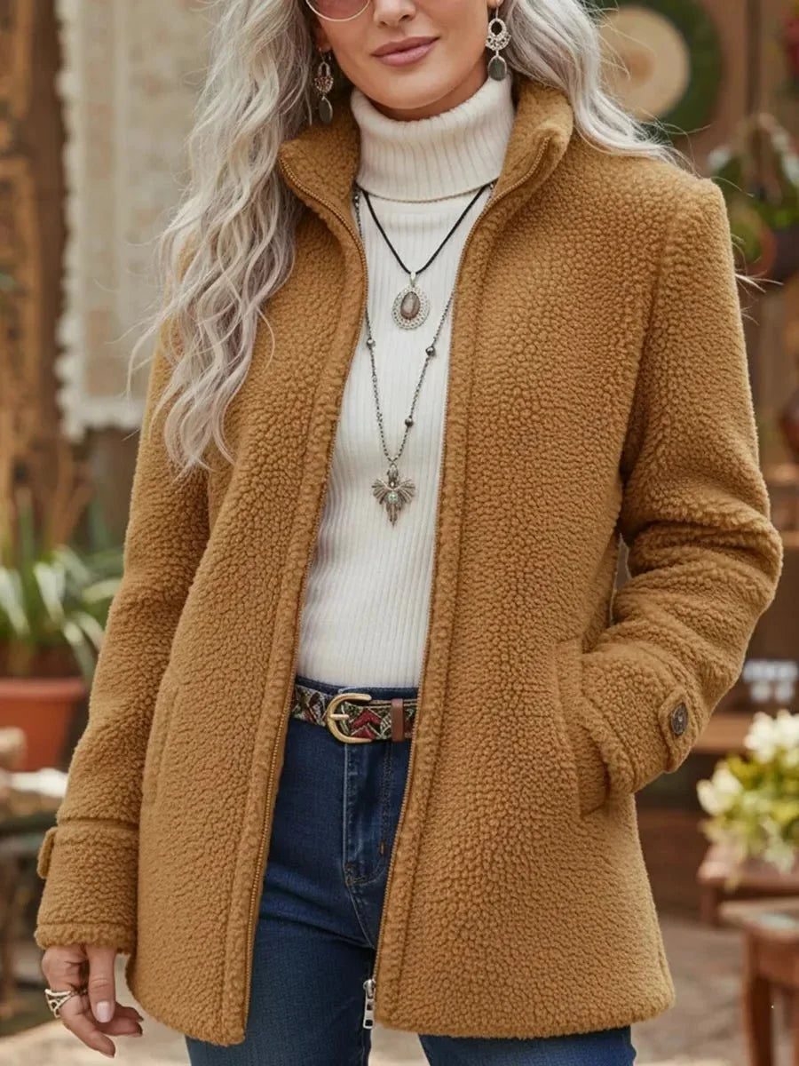 Women's high stand collar zip-up winter fleece jacket in Camel