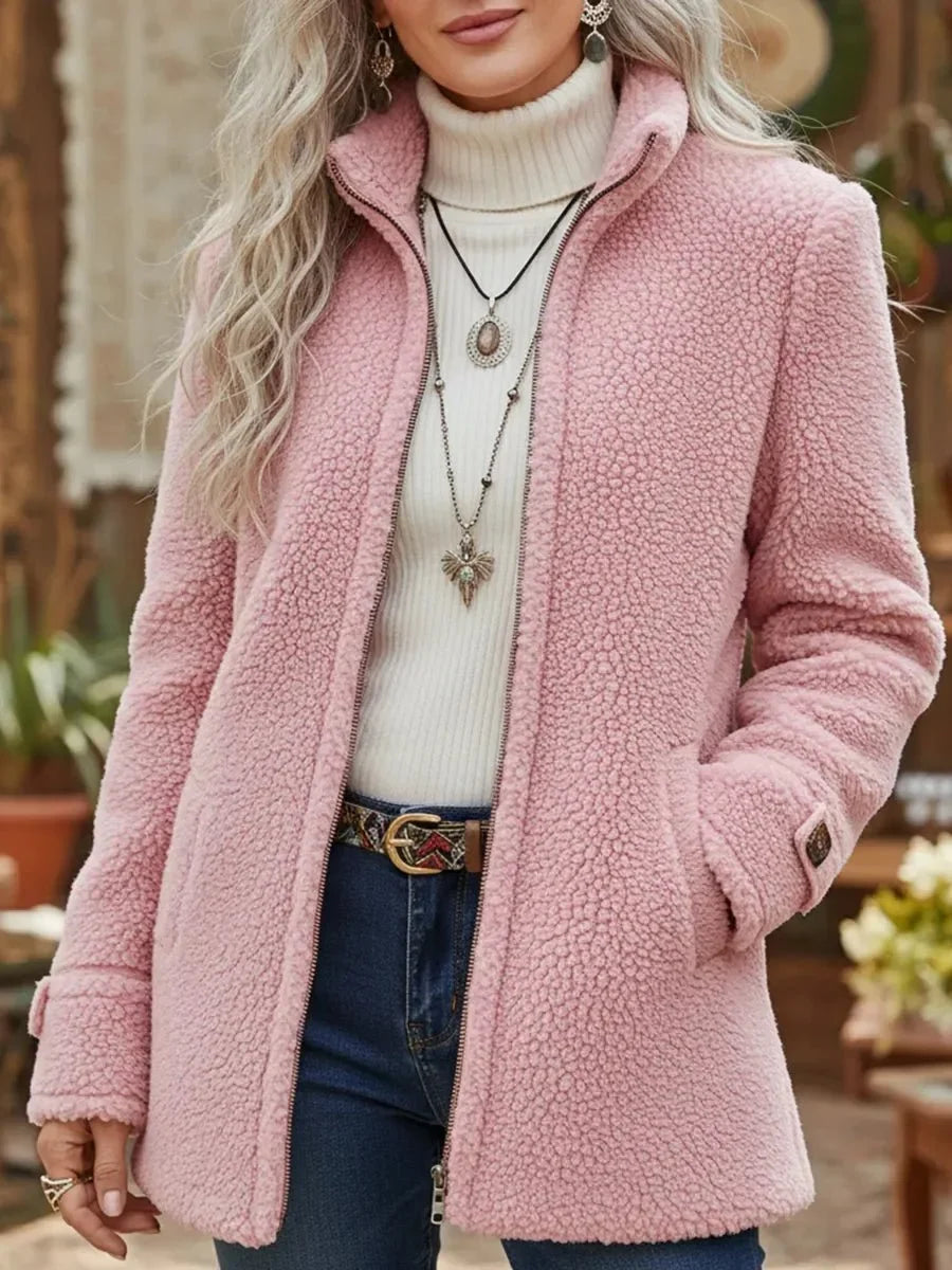 Women's high stand collar zip-up winter fleece jacket in Pink