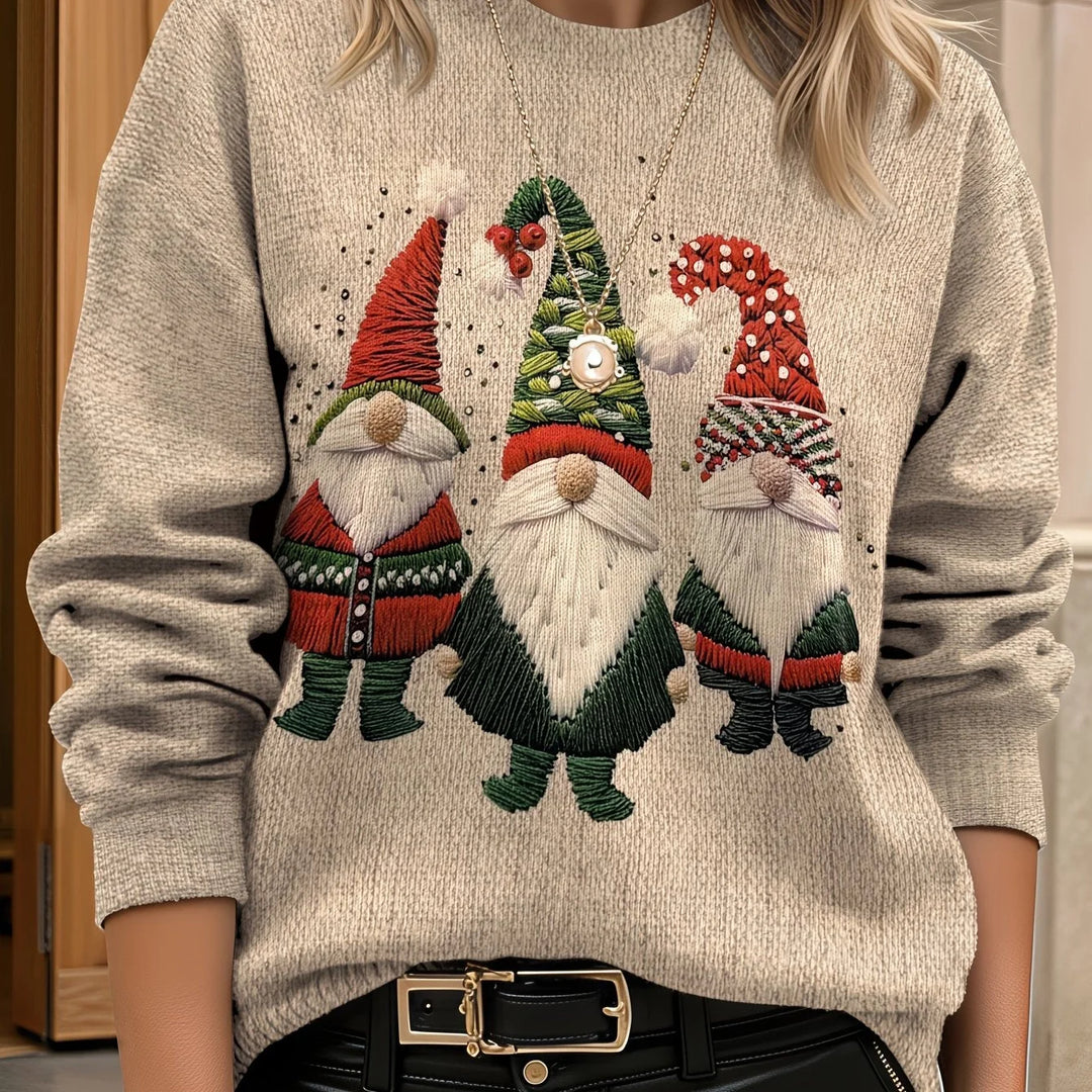 Cozy embroidered gnome print women's Winter Christmas sweater with crew neck long sleeve oversized knit style in Beige