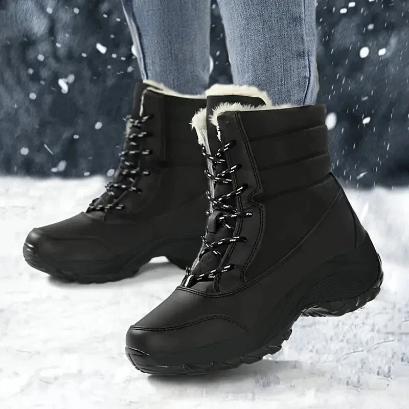 Women's winter waterproof boots, snow ankle, faux fur lace-up in ALL Black