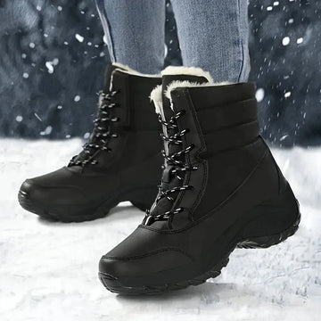 Women's winter waterproof boots, snow ankle, faux fur lace-up in ALL Black