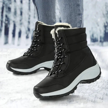 Women's winter waterproof boots, snow ankle, faux fur lace-up in Black white