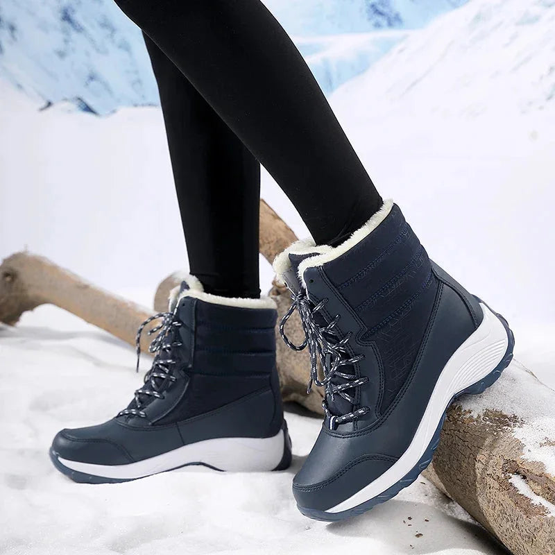 Women's winter waterproof boots, snow ankle, faux fur lace-up in Blue