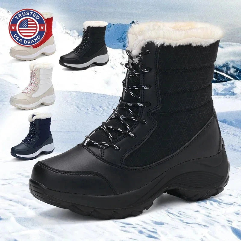 Women's winter waterproof boots, snow ankle, faux fur lace-up