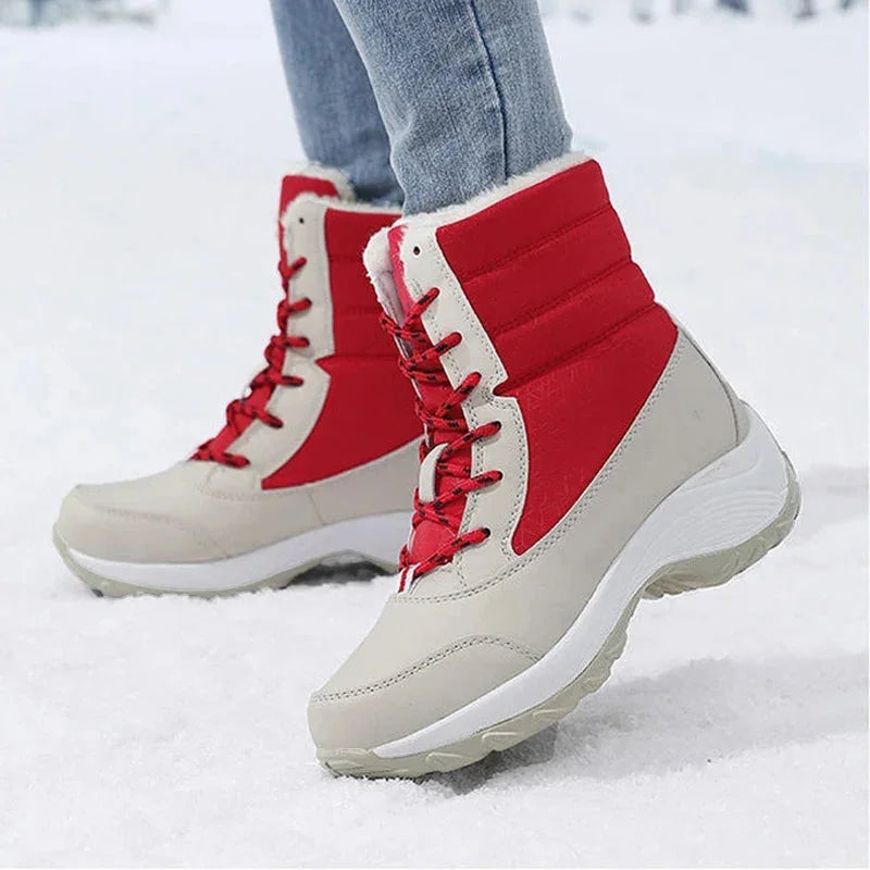 Women's winter waterproof boots, snow ankle, faux fur lace-up in Red