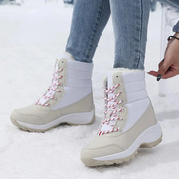 Women's winter waterproof boots, snow ankle, faux fur lace-up in White