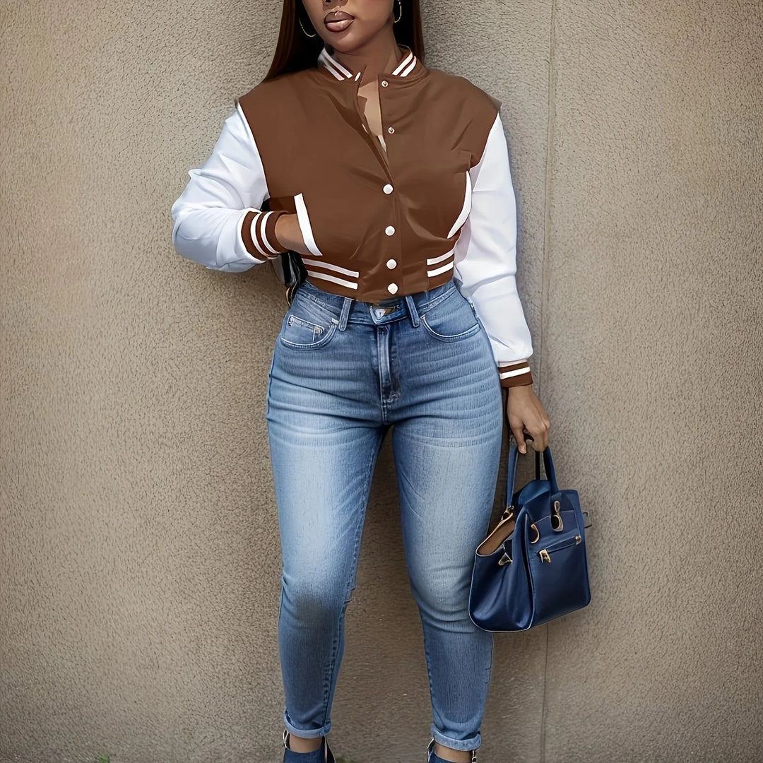 Women's cropped baseball winter bomber jacket in Dark Brown