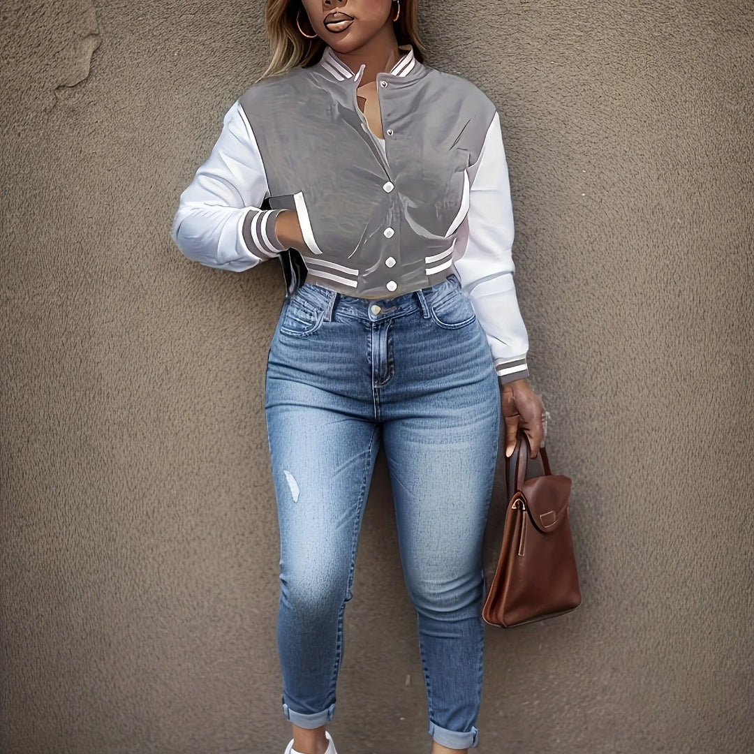 Women's cropped baseball winter bomber jacket in Grey