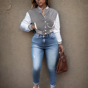 Women's cropped baseball winter bomber jacket in Grey