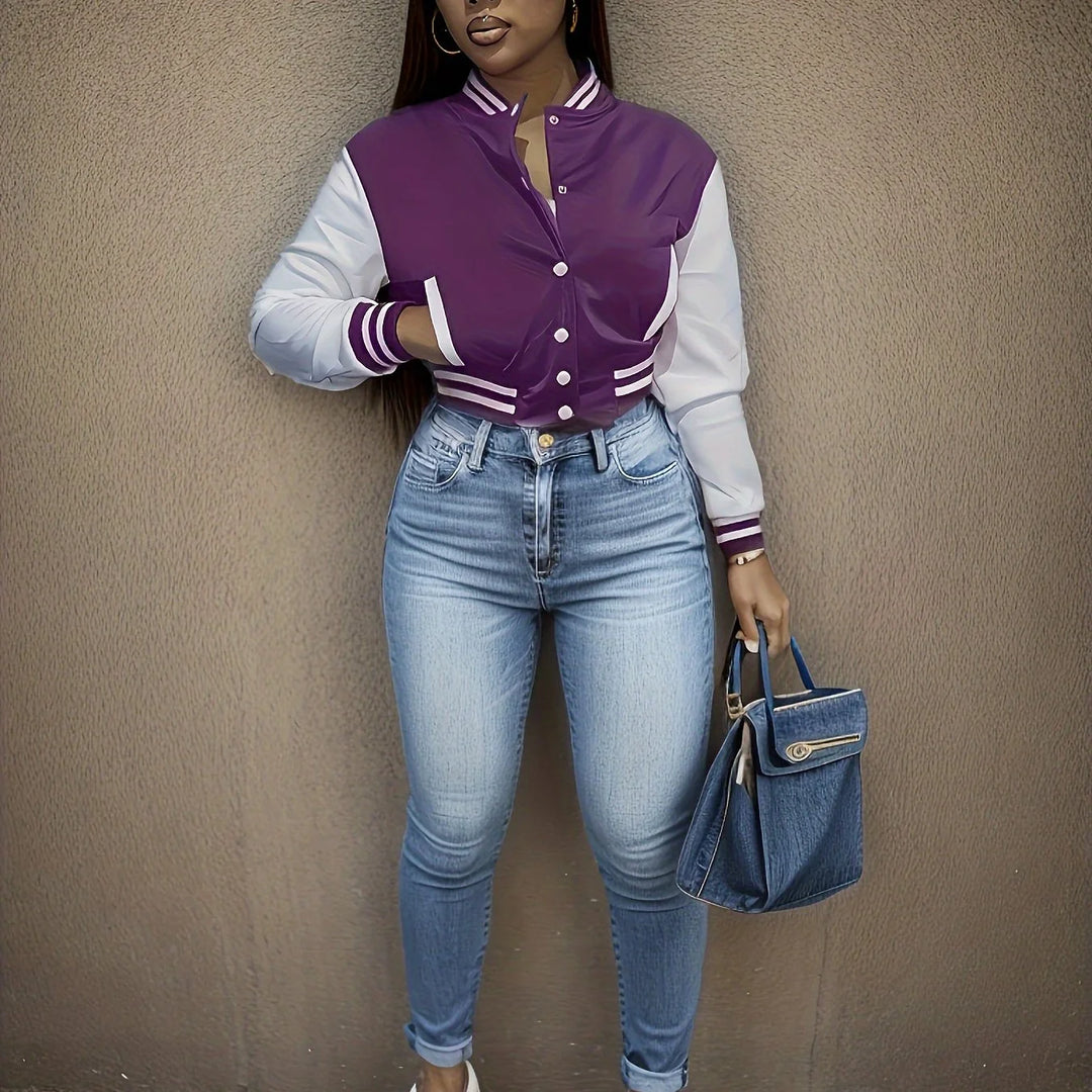 Women's cropped baseball winter bomber jacket in Purple