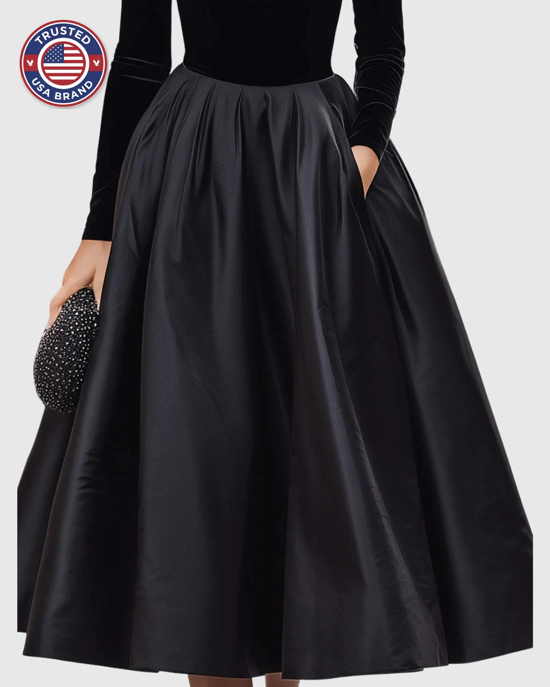 Elegant Black Velvet And Satin Midi Dress