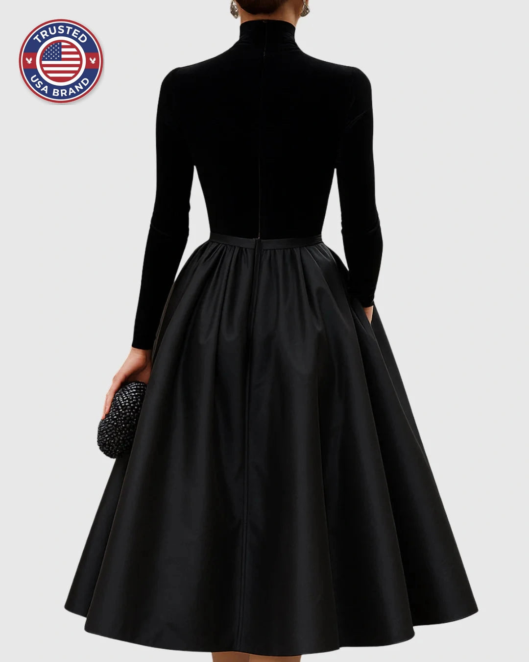Elegant Black Velvet And Satin Midi Dress