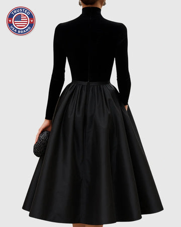 Elegant Black Velvet And Satin Midi Dress